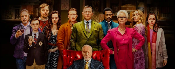 Banner with the ensemble protagonizing Knives Out.