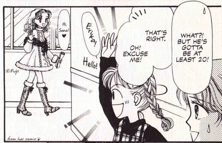 sana interrupting a conversation with asako kurumi to say hi to erika as drawn by Mihona Fujii