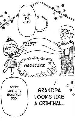 a doodle of ms obana saying "look, i'm heidi! we're making a haystack bed" and she and the grandpa from heidi are putting a blanket on top of a haystack in her attic, with an arrow pointing to the grandpa saying that he looks like a criminal