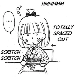 a doodle of ms. obana spacing out as she works