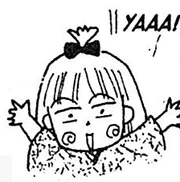 a doodle of miss obana smiling and raising her arms, saying "YAAA"