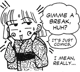 a drawing of miho obana smiling smugly, saying gimme a break huh? its just comics. i mean really...