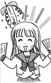 A drawing of Sana smiling and holding folding fans, with confetti saying GREAT JOB in the background