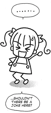 a drawing of sana in the style of the anime's commercial break eyecatch. theres a speech bubble reading ...shouldnt there be a joke here?