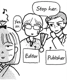 drawing of ms. obana scheming while her editor and publisher vow to stop her