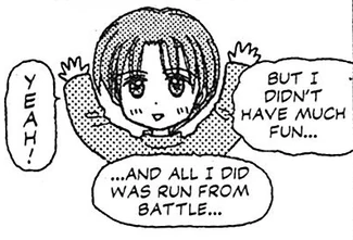 a drawing of naozumi smiling neutrally, saying but i didnt have much fun... and all i did was run from battle... yeah!