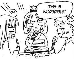 doodle of ms. obana and two others being shocked by how good the sushi is