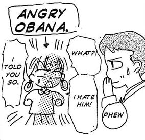 a doodle of younger miho obana acting angry during the audition while a bemused judge looks on