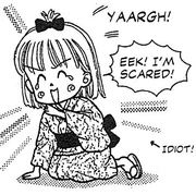 a drawing of miho obana crouching to the ground with tears, saying YAARGH! EEK IM SCARED! with an arrow pointing to her that says idiot