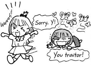 a drawing of ms. obana running from moths saying "sorry y!" as her friend, nicknamed y, gets swarmed by them saying "how could you?"