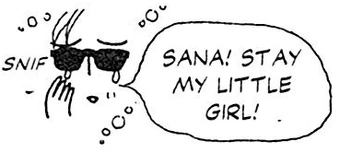 a drawing of rei crying saying "sana! stay my little girl!"