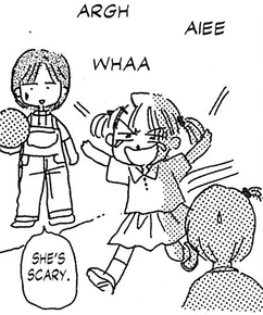 a doodle of a child version of ms. obana, crying and screaming during dodgeball while her classmates look on confused at her reaction