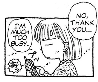 a drawing of miho obana saying "no thank you, much too busy" as she hangs up the phone