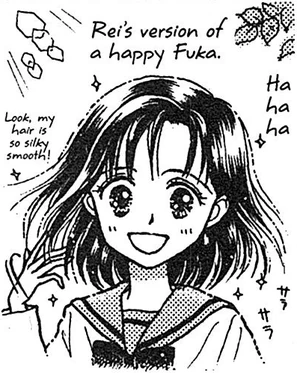 A drawing of Fuka smiling, with text saying: Rie's version of a happy Fuka. with Fuka saying: Look, my hair is so silky smooth! Ha Ha ha!