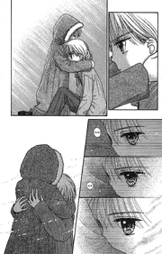 The look in Akito's eyes softening thanks to a hug from Sana