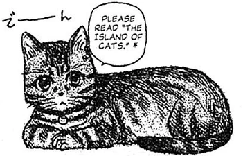 a drawing of miho obana's cat, saying "please read island of cats" (which is another book written by miho obana