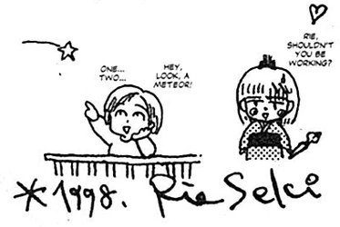 A drawing of Miho Obana, and Rie, with Rie pointing to a meteor and smiling saying "one... two... hey look! a meteor!" while miho holds a brush and looks tired, saying "rie shouldnt you be working? the drawing and note is signed Rie Seki, 1998