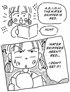 a doodle of a younger obana reading out tongue twisters, while realizing how nonsensical they are