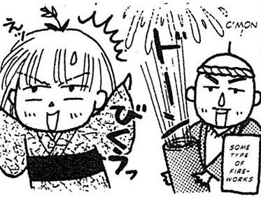 A drawing of Miho Obana being scared by someone literally lighting fireworks underneath her