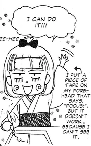 a drawing of the author Miho Obana smiling tiredly, she's saying "I can do it!!!" and going heehee. There's an arrow pointing to something on her forehead that reads, I put a piece of tape on my forehead that says "focus!" but it doesn't work... because I can't see it.