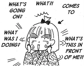 a doodle of ms. obana suddenly snapping out of being spaced out, and being jarred by everything around her