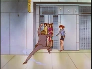 Rei running to a elevator before the doors close
