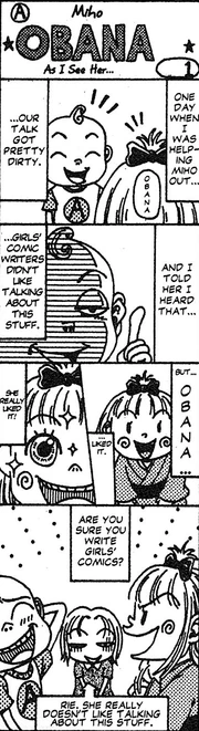 a comic drawn by ai, an assistant helping miho obana work on kodocha. the title of the comic is "miho obana as i see her" panel 1: ai and miho talking, narration says "one day when i was helping miho out, our talk got pretty dirty." panel 2: a close up on ai's face narration reads "and i told her i heard that girls comic writers dont like talking about this stuff" panel 3: miho obana smiling with text saying "but obana... liked it! she really liked it!!" final panel: "are you sure you write girls comics?" with a drawing of miho, ai, and rie (another assistant). ai and obana are smiling and talking, while rie has a more serious look. an arrow pointing to her reads: "rie. she doesnt really like talking about this stuff."