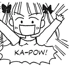 a doodle of sana as ms obana interprets her to appear on the tv show, yelling KAPOW bombastically