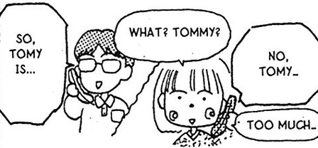 a doodle of miss obana having a confusing phone conversation where she doesn't know which TOMY they're discussing