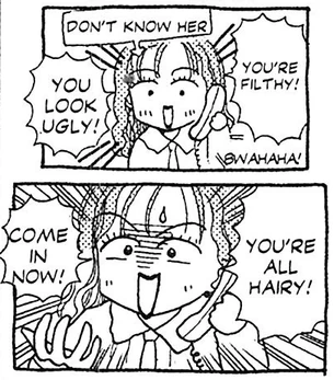 a comic of a woman advertising beauty salons. in the first panel shes saying "youre filthy! you look ugly! bwahahaha!" and in the second saying "youre all hairy!! come in now!" smiling with a fierce aura