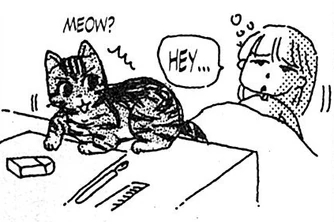 a doodle of ms. obana waking up to her cat nao on her desk