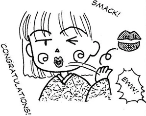a drawing of miho obana saying "congratulations!" and blowing a kiss, to someone who responds "ewww!"
