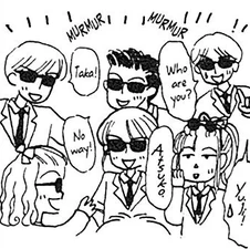 drawing of ms. obana and her friends in highschool wearing sunglasses and pretending to be characters from the show