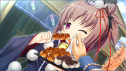 Karasu eats takoyaki, after which Kensuke wipes her dirty mouth with a handkerchief