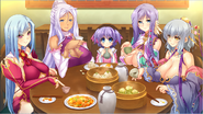 Shion with her dauther Riri, as well as Sai, Suirei and Kikyou sits at the dinner table