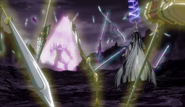 Sonken's/Sonsaku's sword (foreground, left) summoned by Ashikaga Kazuha Yoshiteru in the animated opening of Sengoku†Koihime: ~Otome Kenran ☆ Sengoku Emaki~