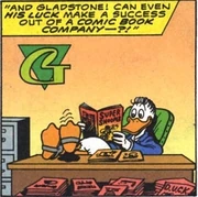 Πίσω από τον Γκαστόνε διακρίνεται το σήμα της ομώνυμης, στα αγγλικά, Gladstone.