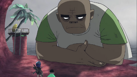 Russel looking down at Cyborg Noodle