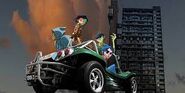 Gorillaz posing in Noodle's Buggy with the Trellick Tower in the background.