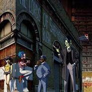 The Gorillaz hanging out while Trellick Tower can be seen in the background.