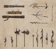 Concept artwork of the wolves' weapons by Tang Heng, Bill Kaufmann, and Facundo Rabaudi