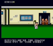 Kunio and Riki confront the Double Dragon Brothers.