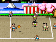 Kunio versus Riki in the Arcade version of Nekketsu High School Dodgeball Club