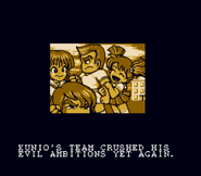 Momozono, Kunio, Hasebe, and Tōdō in the Famicom version's intro of Surprise! Nekketsu New Records! The Distant Gold Medal