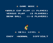 Mode select screen in the North American version. Bean Ball allows only a maximum of two players.