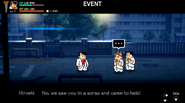 Hiroshi and Sugata checking on Kunio in River City: Rival Showdown