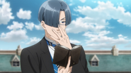 Lawrence Bluewer scolds Ciel for not memorizing the school rules.