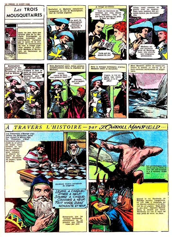 Les Trois Mousquetaires de James Carroll Mansfield, page complète dans le journal La Presse du 19 août 1939.