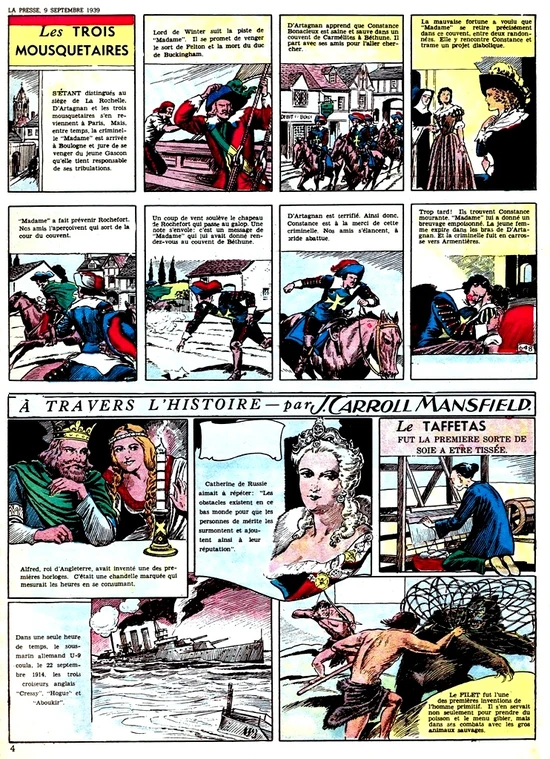 À Travers l'Histoire et un Conte Classique, Les Trois Mousquetaires dans le journal La Presse du 9 septembre 1939.