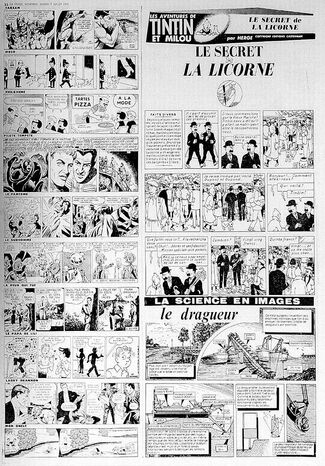 Tintin épisode Le Secret de la Licorne - La Presse, planche numéro 1 dans La Presse du 7 juillet 1962.